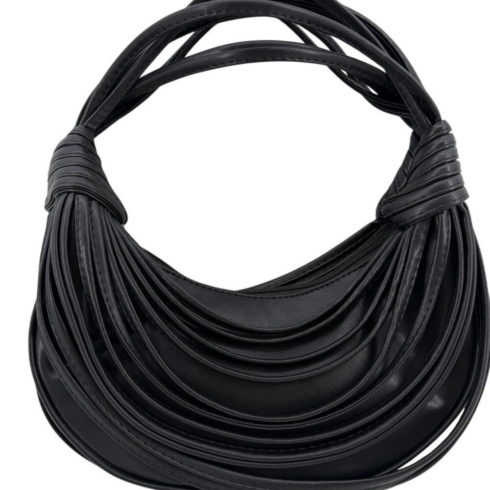 Black Multi-Strand Layered Vegan Leather Hobo Bag Gold Zipper Crescent Shoulder